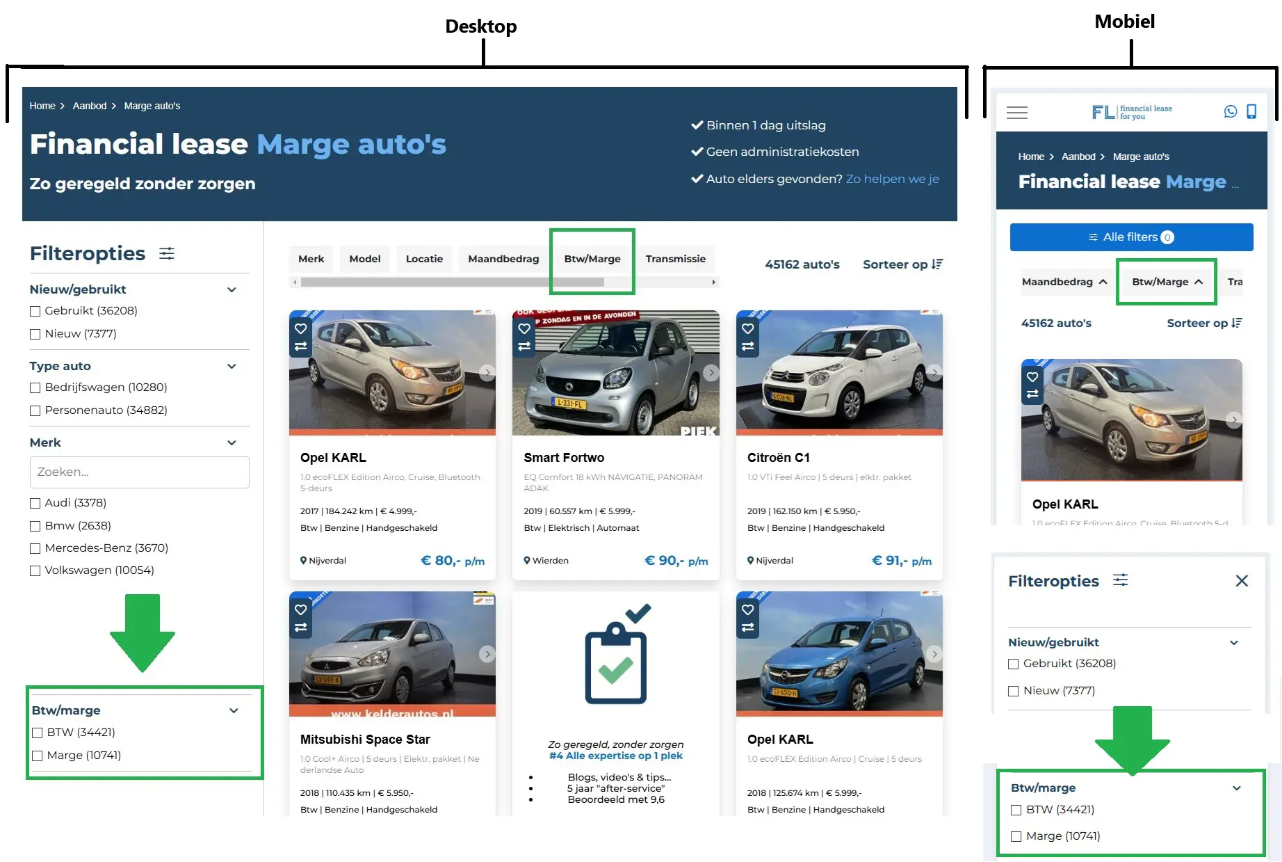 btw/marge filteropties op aanbodpagina financial lease for you (desktop en mobiel)